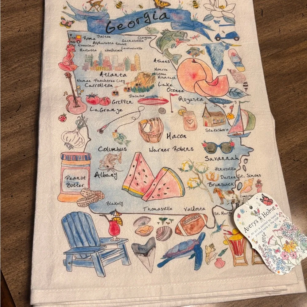 Georgia Map Tea‎ Towel With Local Points Of Interest Made in USA